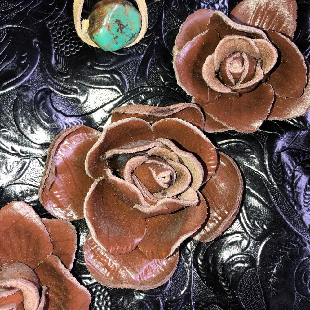 Black Floral Embossed Fringe Crossbody Bag with Brown Rose Appliqués - Picture 3 of 7